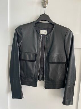 Sandro Black Collarless Leather Zip Jacket